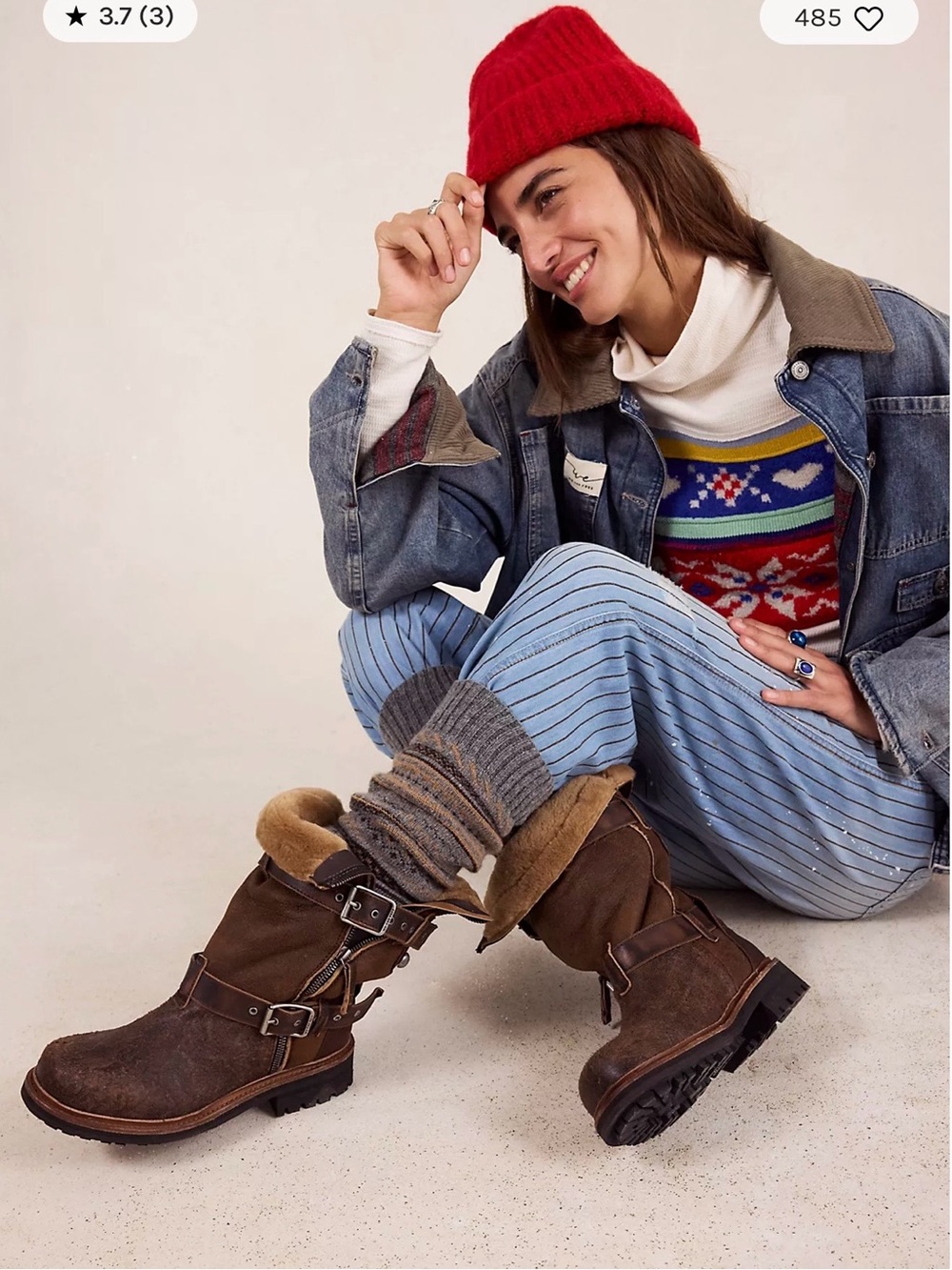 We The Free Distressed Brown Leather Shearling-Lined Buckle Boots - Picture 5 of 7
